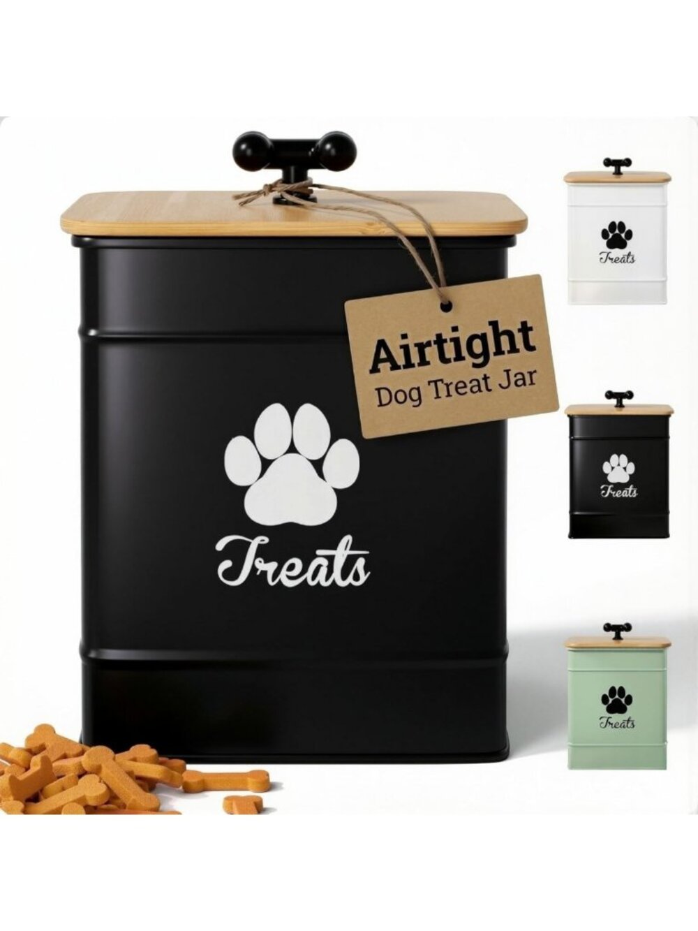 Airtight Dog Treat Container - 12 Cup Capacity Iron Jar with Bamboo Lid